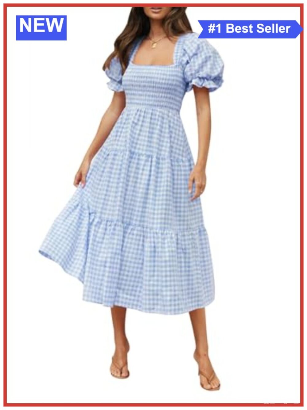 Flowy Baby Doll Midi Dress with Puff Sleeves - Square Neck Ruched Bust